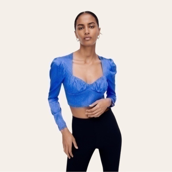 Zara Tops - Zara Satin Blue Dot Cropped Long Sleeve Top ✨